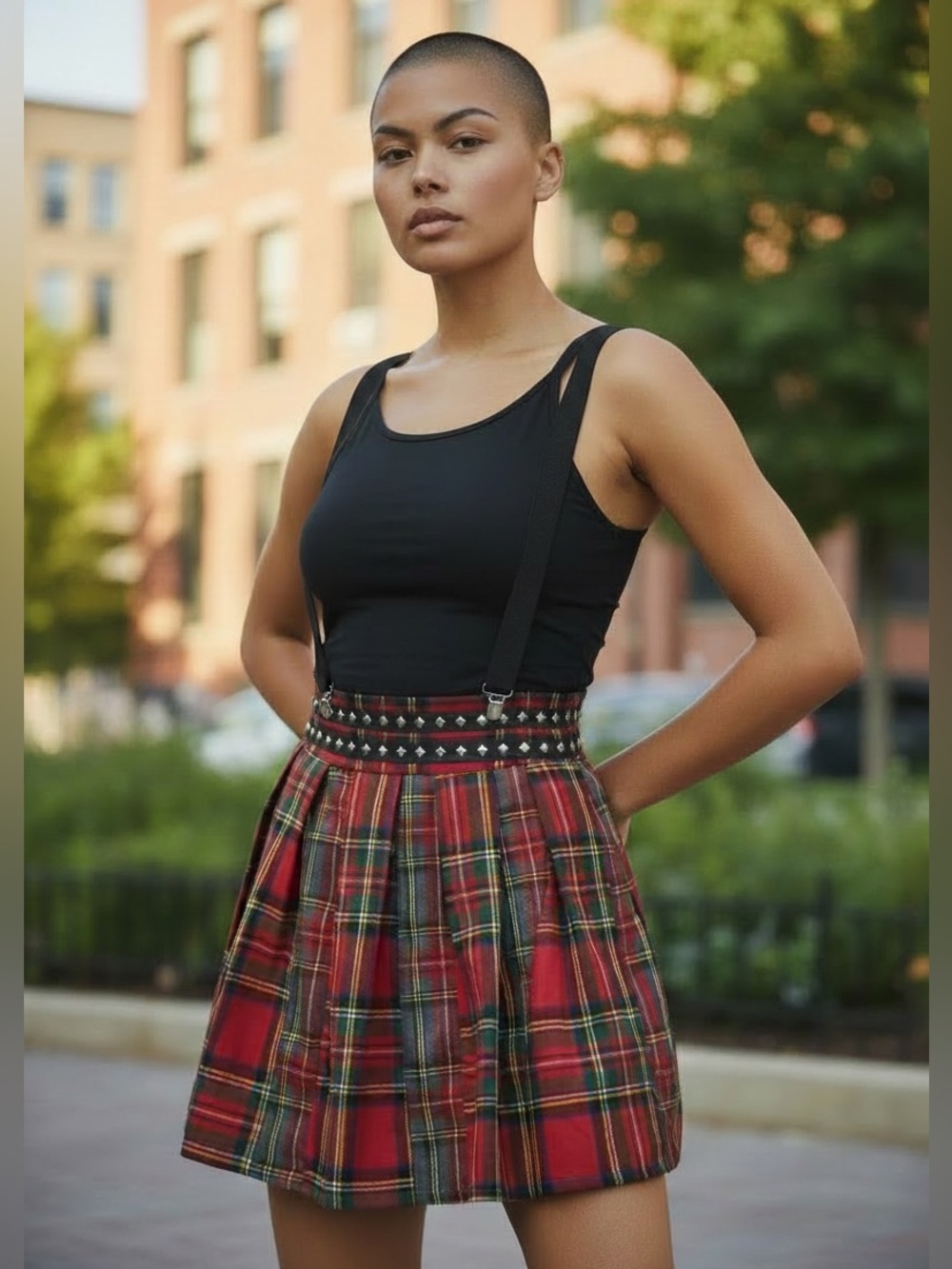 Jawbreaker Red Tartan Pleated Skater Skirt with Studded Waistband